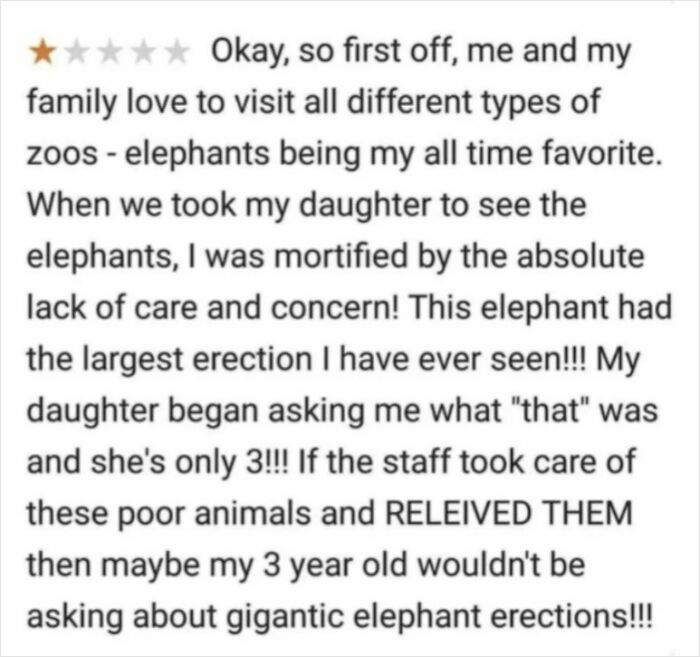 One-star review showing an outrageous parent demand involving children and elephant behavior at a zoo.