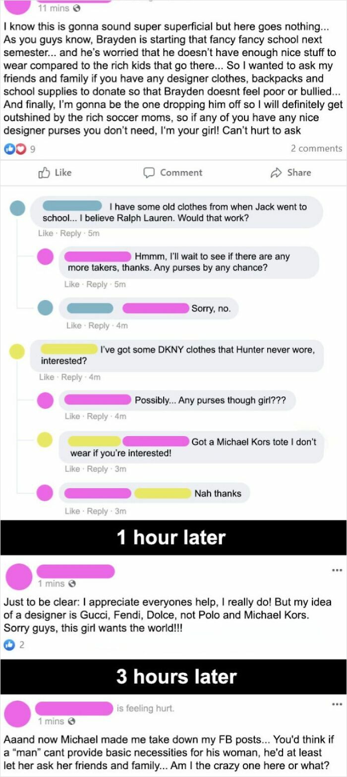 Screenshot of a social media post showing outrageous parent demands for designer clothes and purses to avoid bullying at school.