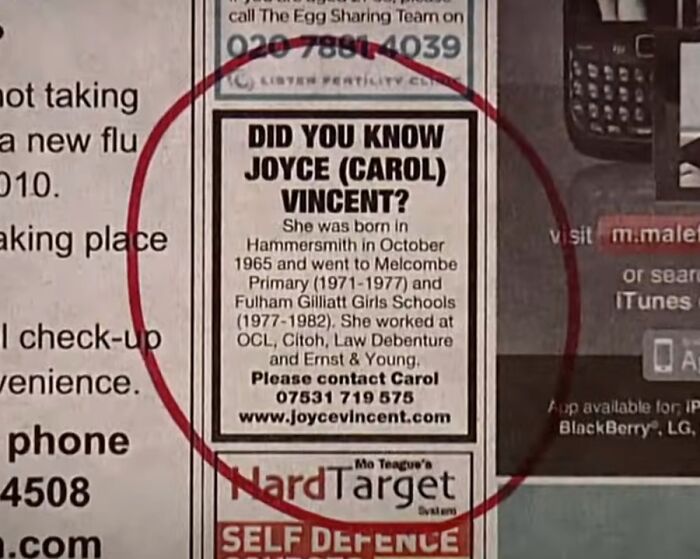 Newspaper clipping with a highlighted notice of a missing person named Joyce Vincent, unsettling Wikipedia article topic.