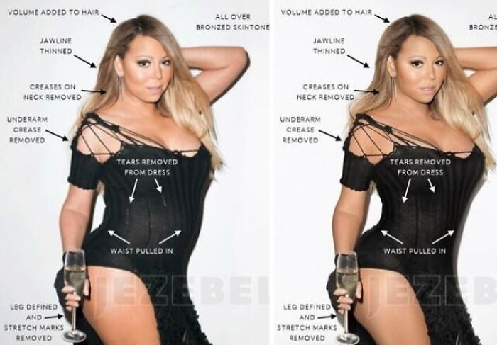 Side-by-side images showing shocking celebrity before and after Photoshop edits highlighting body and skin adjustments.