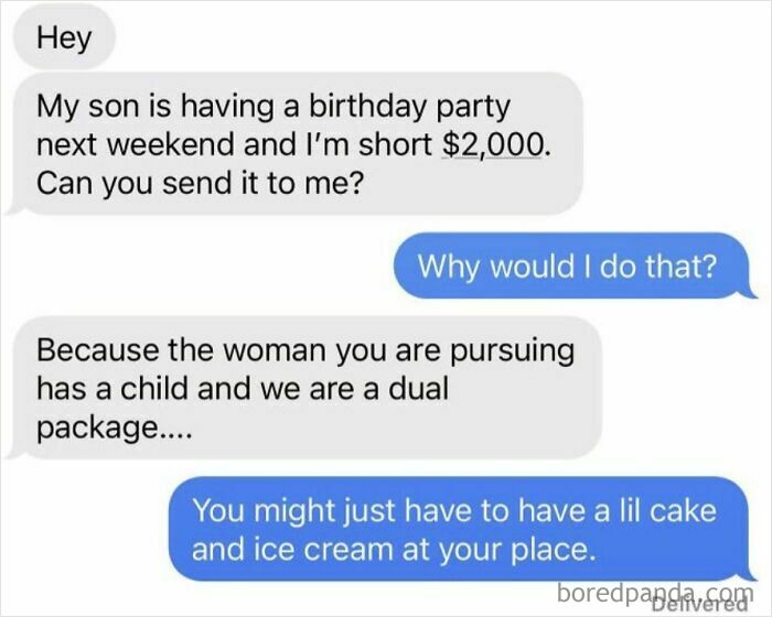Text message exchange showing parents making outrageous demands related to their child’s birthday party costs.