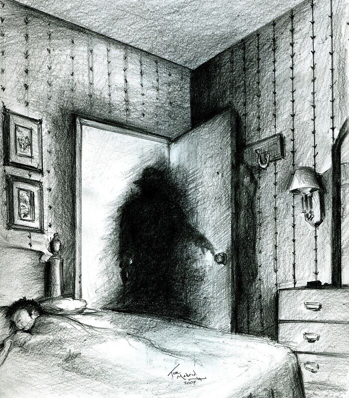 Shadowy figure opening bedroom door in a dark, unsettling scene illustrating scary and eerie Wikipedia articles.