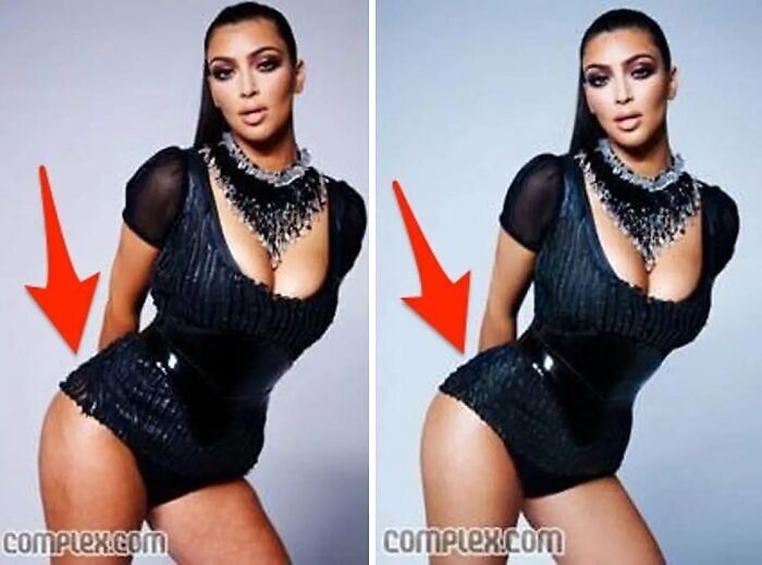 Celebrity before-and-after Photoshop edits showing altered body shape with arrows highlighting changes in waist and hip area.
