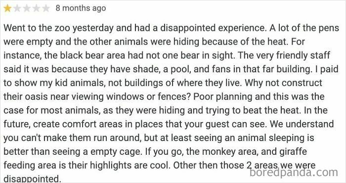 Parent review complaining about zoo visit, highlighting disappointment and outrageous demands made because of having kids.