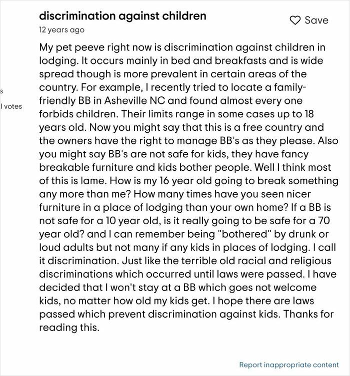 Text post discussing discrimination against children in lodging, highlighting parents' frustration and demands regarding family-friendly accommodations.