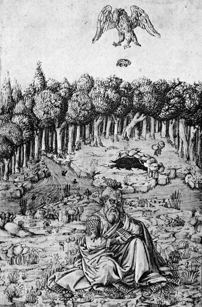 Intricate black and white illustration of a bearded man in a forest with a large bird flying above, evoking scary Wikipedia articles.