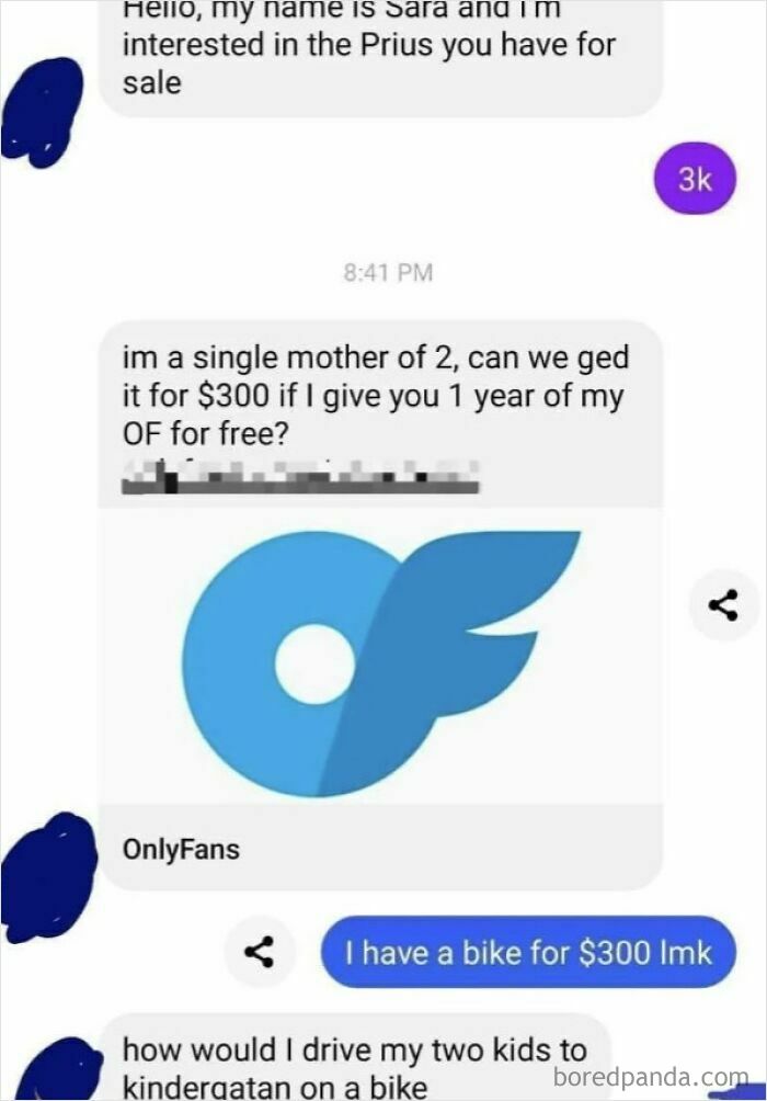 Screenshot of a text exchange showing a parent making an outrageous demand involving a discounted price due to having kids.