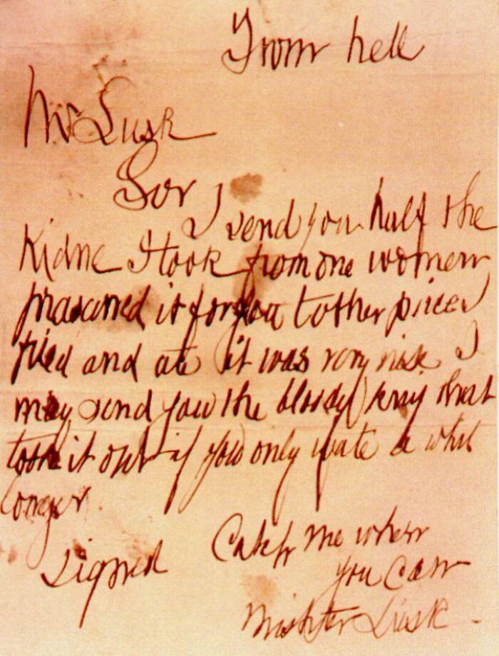 Handwritten eerie letter titled From hell, linked to scary Wikipedia articles about unsettling historical crimes.