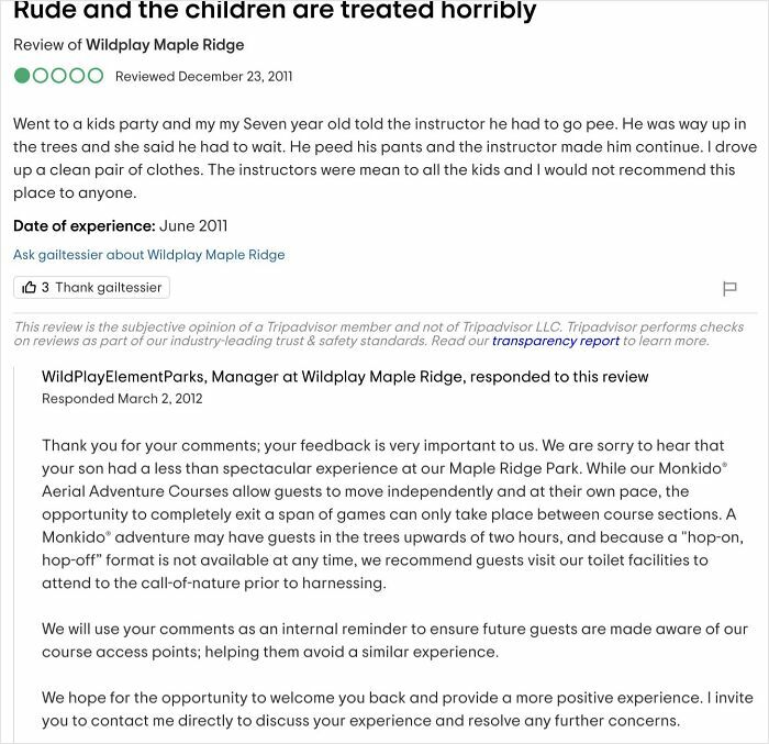 Screenshot of a negative review about a kids party incident, highlighting outrageous parental demands and children's treatment.