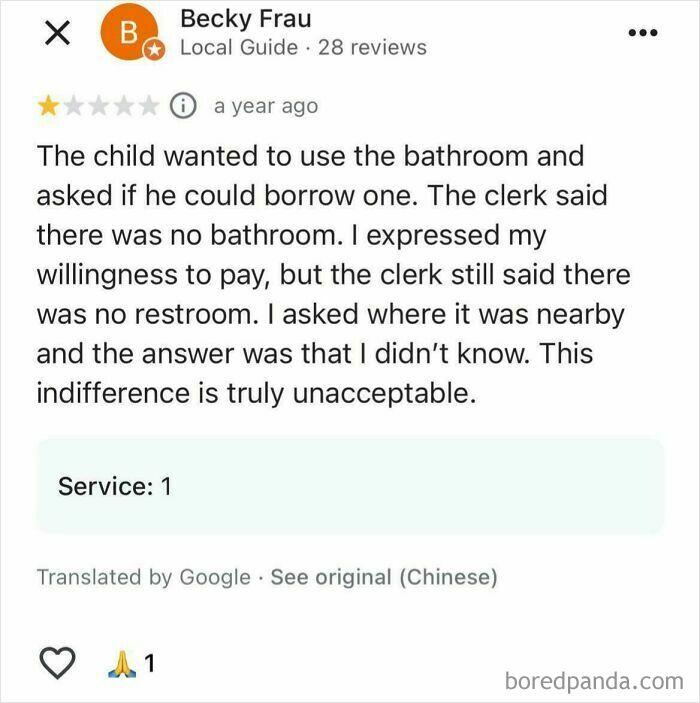 Parent's outrageous demand for bathroom access denied, highlighting entitlement and indifference in customer service reviews.