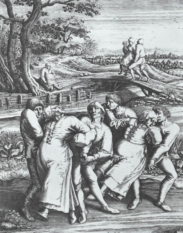 Black and white engraving depicting unsettling group dancing and eerie figures in a dark, creepy outdoor scene.