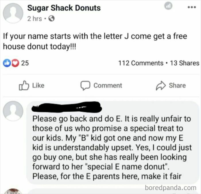 Parent demanding special treat for child over donut letter promotion, showing outrageous demands parents make just because they have kids.