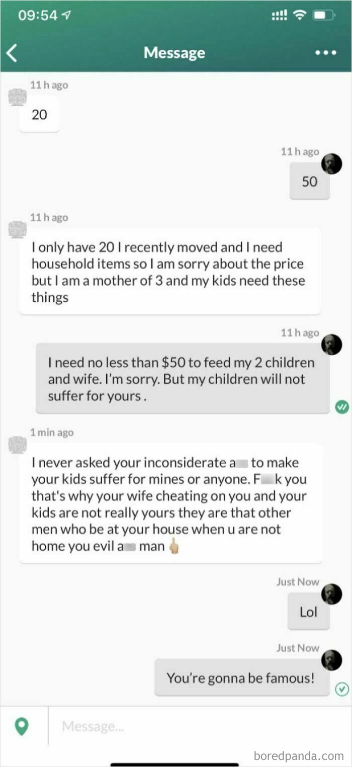 Text message exchange showing parents making outrageous demands and arguing over children's needs and expenses.