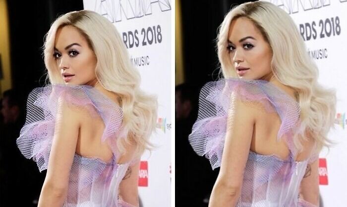 Side-by-side comparison of a blonde celebrity with and without Photoshop edits showcasing shocking celebrity before-and-after effects.