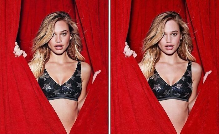 Side-by-side images of a woman in a black star-patterned top, highlighting shocking celebrity before-and-after Photoshop edits.