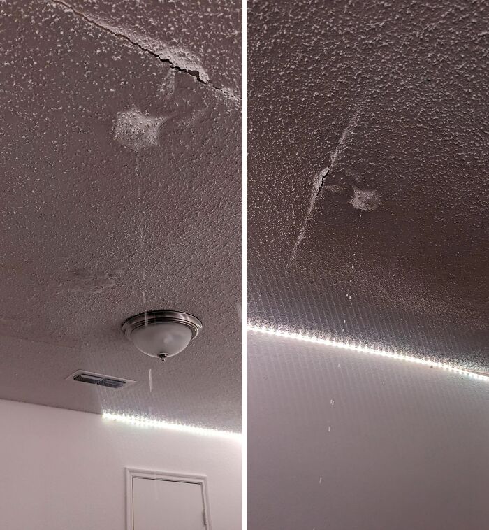 Water leaking from c*****d ceiling above light fixture in a room, showcasing unlucky parents' home repair struggles.