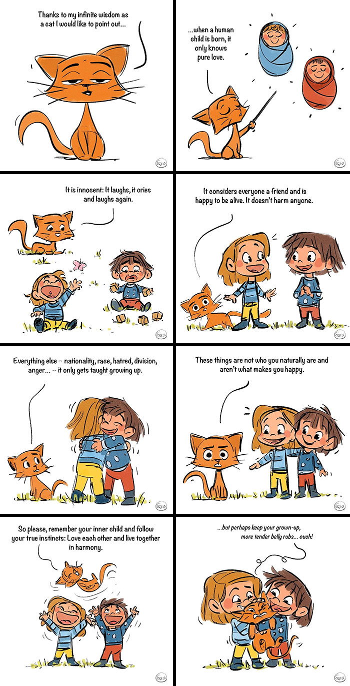 Comic strip featuring a cat and children illustrating innocence, friendship, and real life with magical twists.