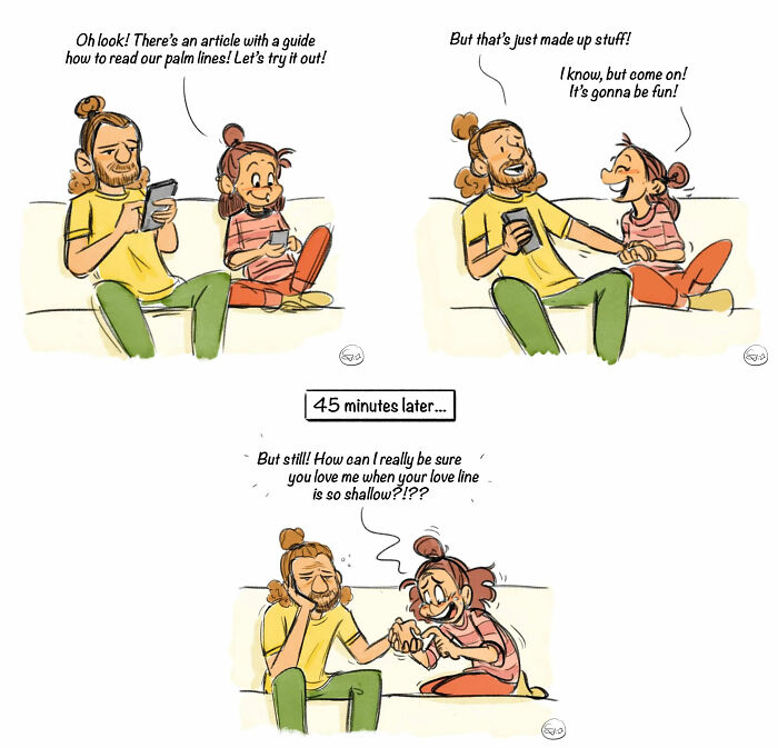 Couple reading palm lines guide, with magical twists and overthinking in a comic style depicting real-life moments.
