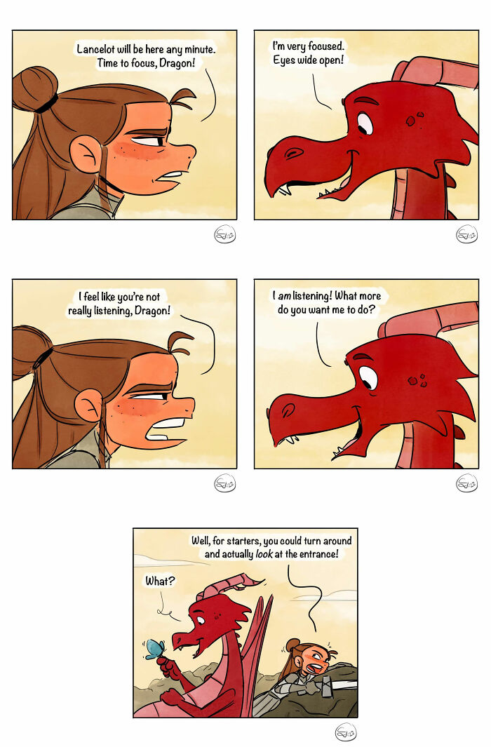 Comic panels showing a girl and a dragon having a humorous conversation, blending real life with magical twists.