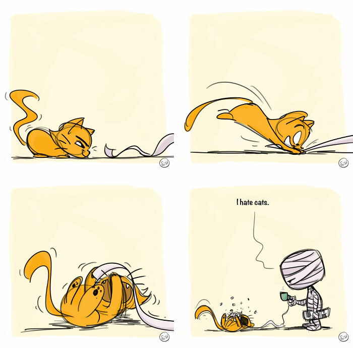 Comic strip showing a playful cat tangling with a mummy character, blending magical twists with real-life humor.