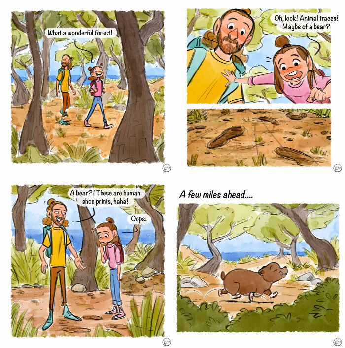 Two hikers spot animal traces but find human shoe prints, while a bear wanders a forest trail in a whimsical comic style.