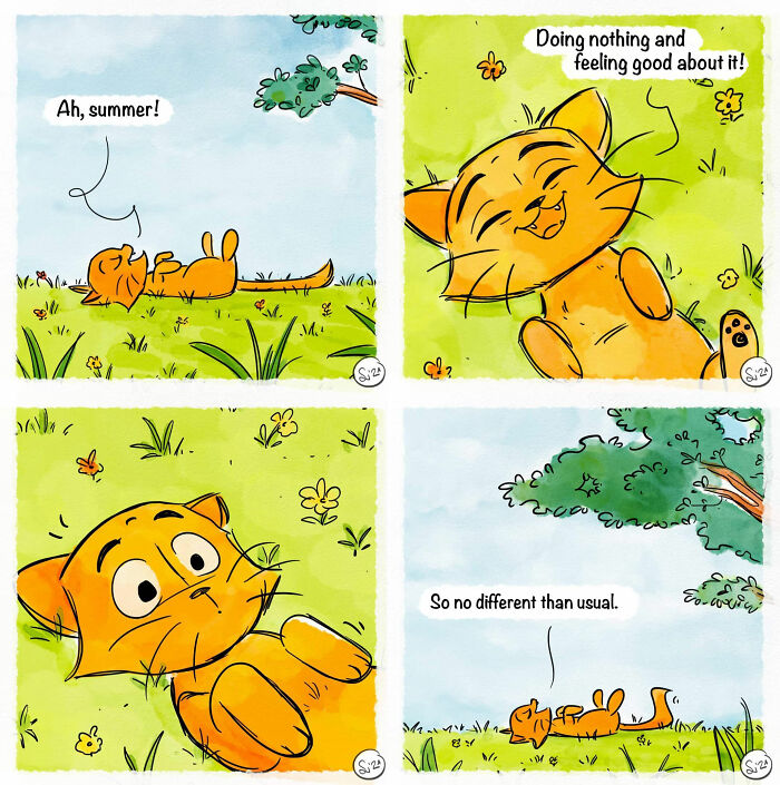 Cartoon cat relaxing in summer grass, reflecting on life with humor in a comic style by a magical twists artist.