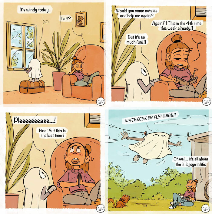 Comic strip featuring witches and magical twists depicting real life moments with humor and fantasy elements.