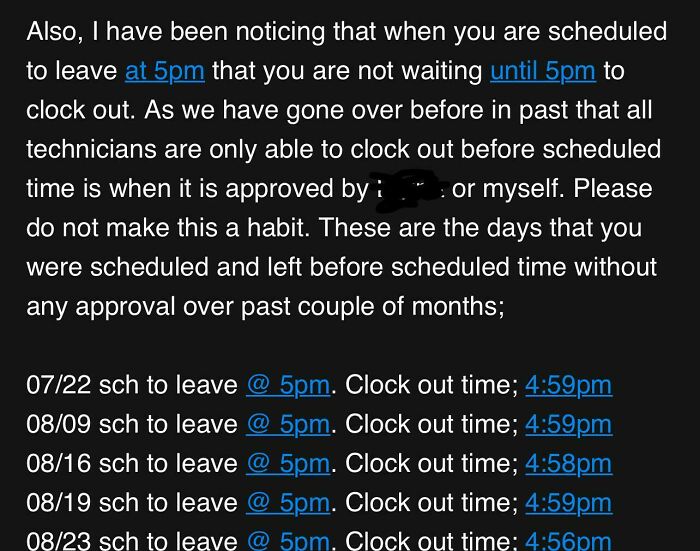 Screenshot of a workplace message highlighting strict clock-out rules in a toxic work environment with specific time logs.