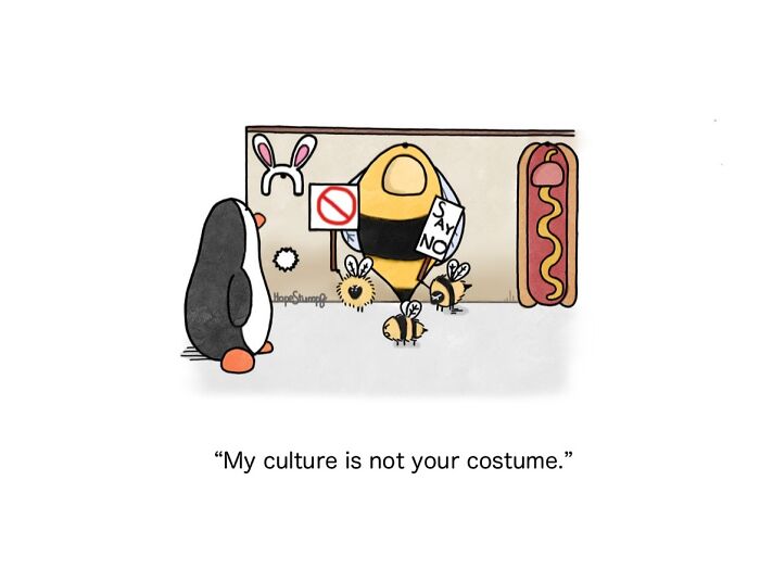 Cartoon of funny animal comics showing bees protesting with signs and a penguin facing them indoors.