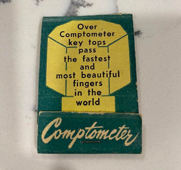 Vintage Comptometer matchbook found in walls, an unexpected item discovered in hidden places of people’s homes.