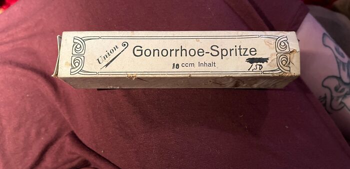 Vintage boxed medical syringe labeled Gonorrhoe found in walls and other hidden places in people’s homes.