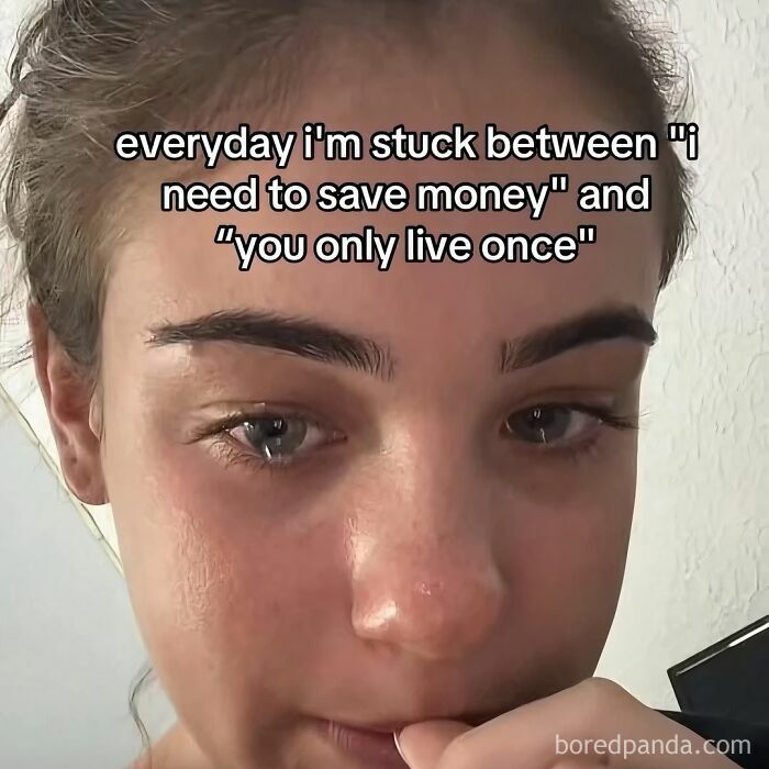 Young woman with a thoughtful expression, relatable meme about money struggles capturing the chaos of navigating life as a woman today.