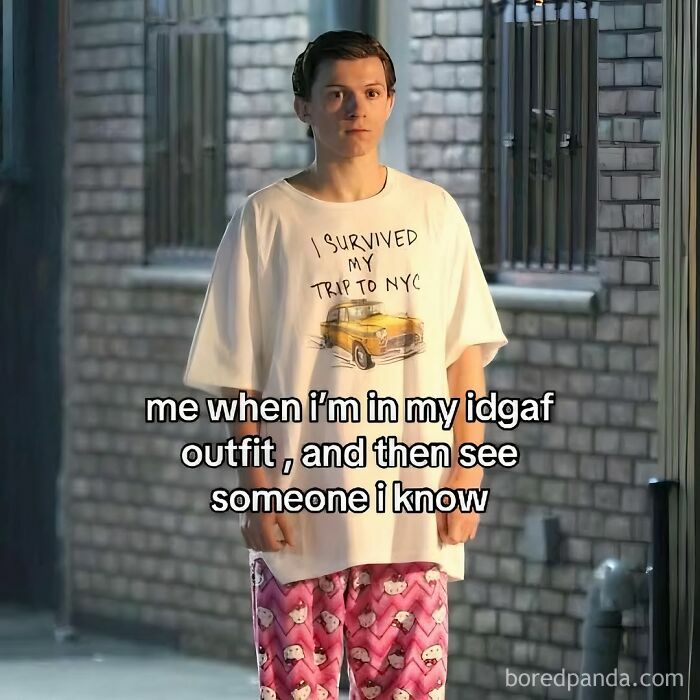 Young woman in casual oversized clothes with a meme caption about relatable moments navigating the world as a woman today.