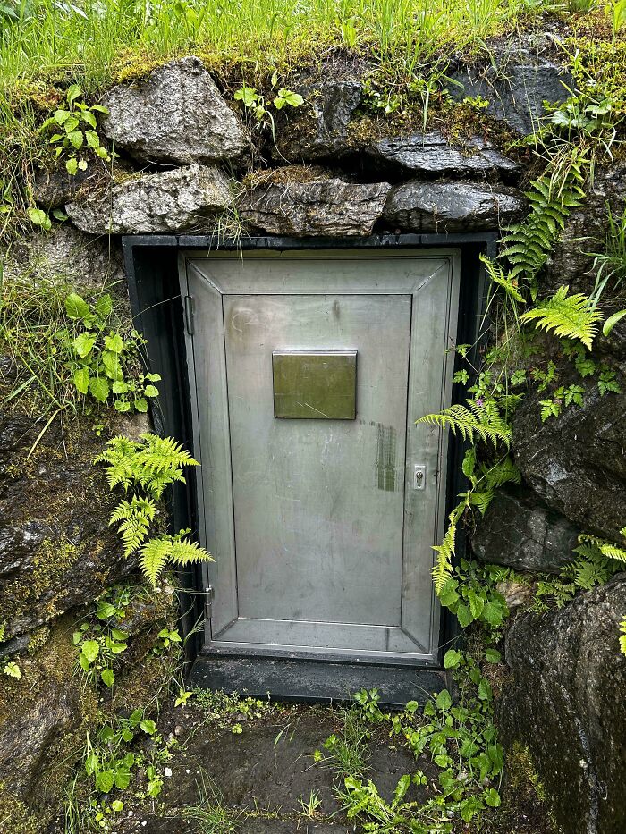 Metal door set into a stone hillside surrounded by plants, an example of a mystery object for online group to recognize.