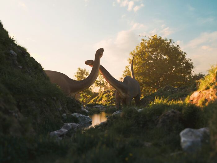 Two long-necked dinosaurs near a small water stream in a lush prehistoric landscape at sunset, dinosaur facts concept.