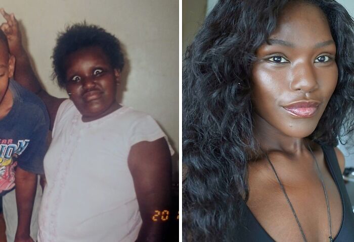 Side-by-side before and after photos showing an inspiring glow-up of a young woman from ugly duckling to confident beauty.