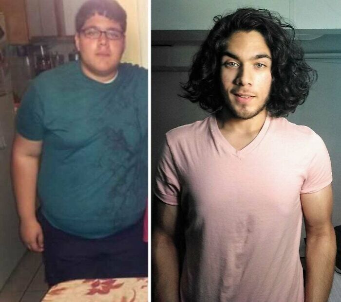 Before and after glow-up photos of a young man showcasing an inspiring ugly ducklings transformation.