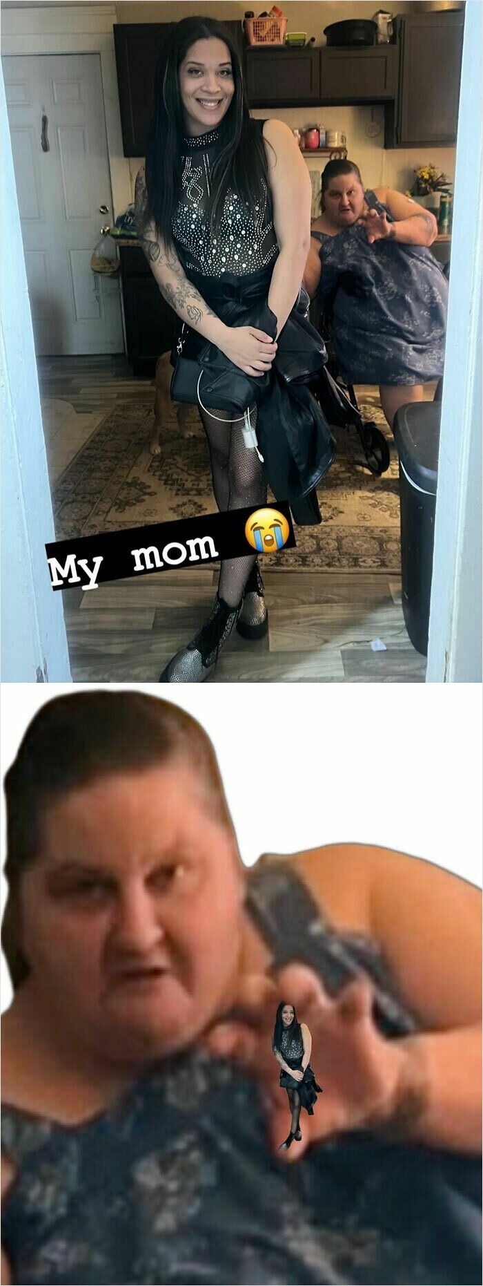 Woman posing in a room with a humorous photoshopped image of her mom appearing giant and menacing behind her.