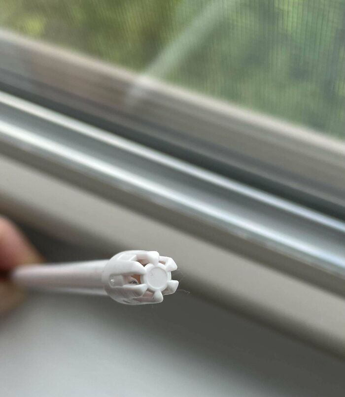 Close-up of a white mystery object with a circular, gear-like end held near a window, featured in a group for identifying mystery objects.