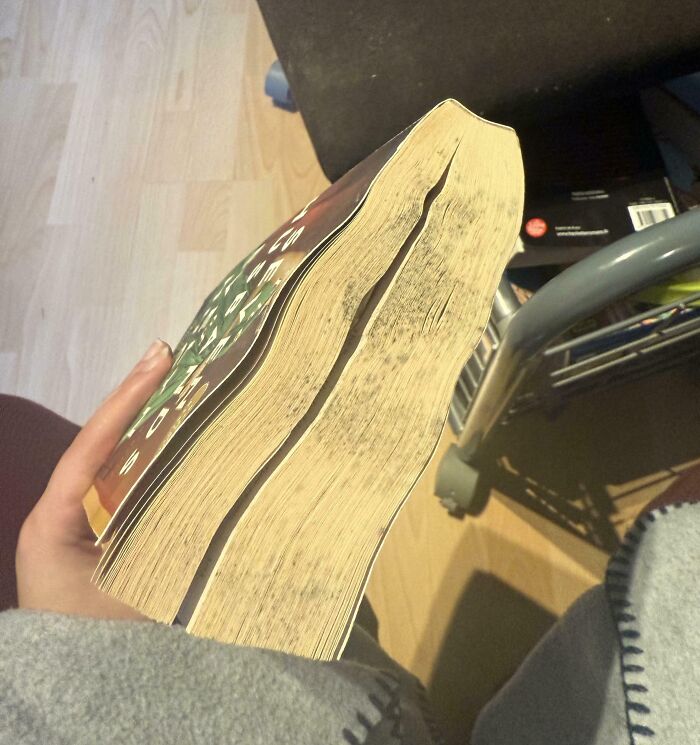 Worn and damaged pages of a borrowed book showing heavy creases and dirt from infuriating damage.