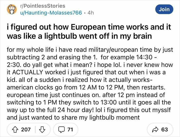 Reddit post explaining how European time works compared to American clocks, shared as a lightbulb moment and realization.