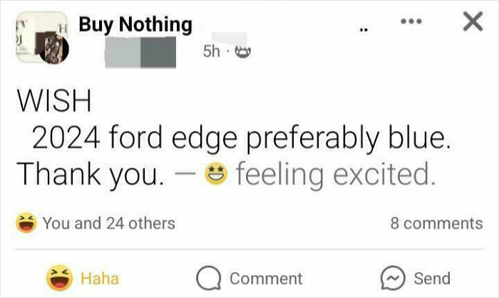 Screenshot of a Buy Nothing post where a user wishes for a free 2024 Ford Edge, showing entitlement online.