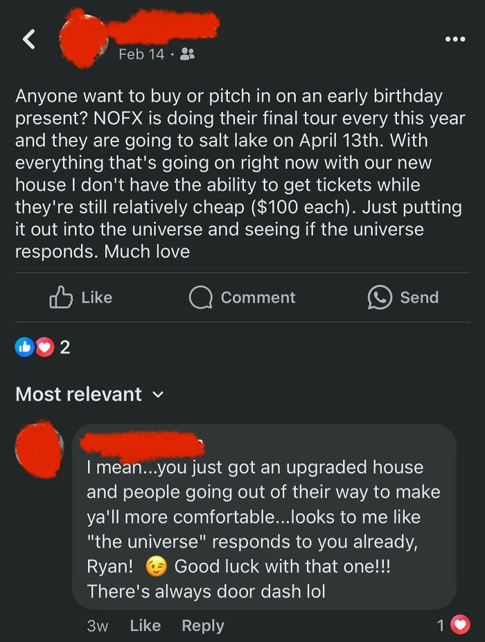 Social media post showing entitlement about a new house and others responding about free house upgrades.