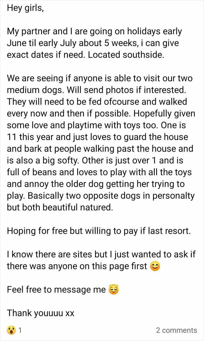 Text post asking for free pet care while owners go on holiday, showing entitlement in free house and pet sitting requests.