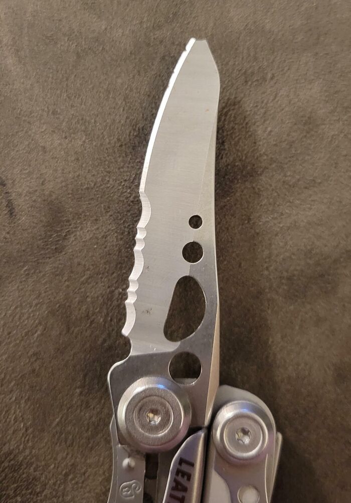 Partially broken multi-tool knife blade showing damage to the metal edge, illustrating people damaging things they borrowed.