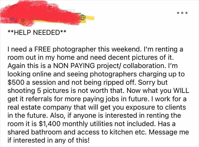 Post requesting a free photographer for a room rental, showing entitlement and unreasonable expectations for free services.