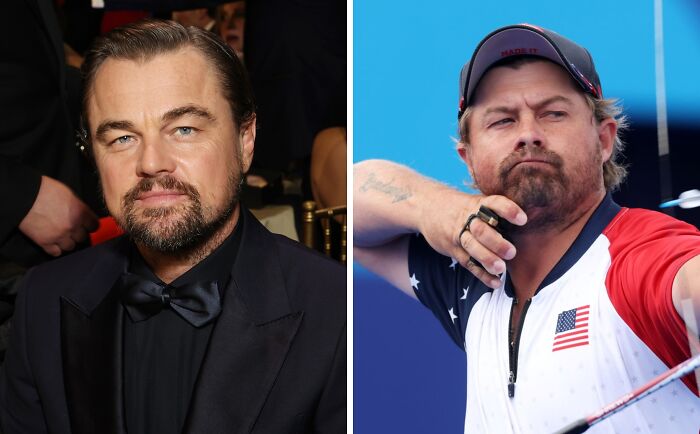 Dos celebridades que se parecen demasiado a otros famosos, una en evento y otra en competencia deportiva al aire libre.