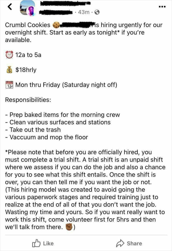 Post showing a job listing with unpaid trial shift, reflecting entitlement in hiring practices and work expectations.