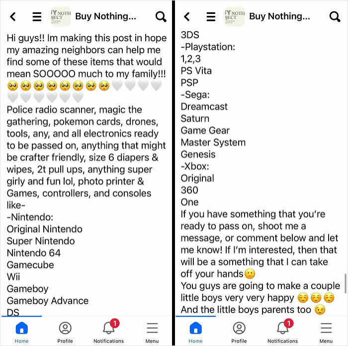 Post requesting free electronics, toys, and baby items, showing entitlement in a community group message.