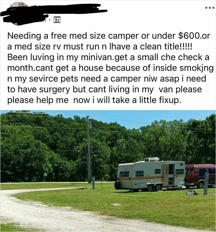 Post requesting a free medium-size camper to avoid living in a van, reflecting extreme entitlement and housing struggles.